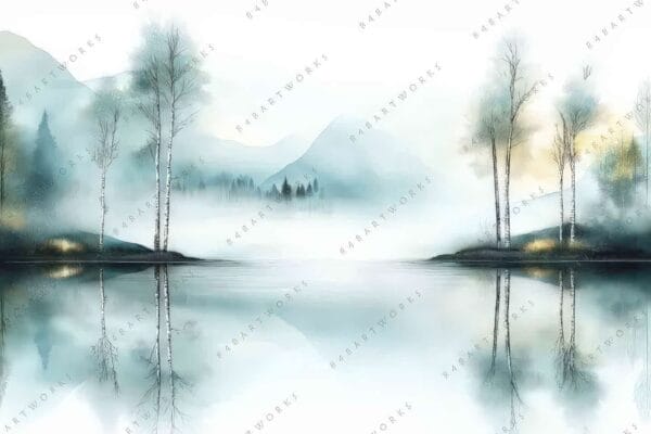 Watercolor painting of misty forest and mountains reflecting on a serene lake surface.