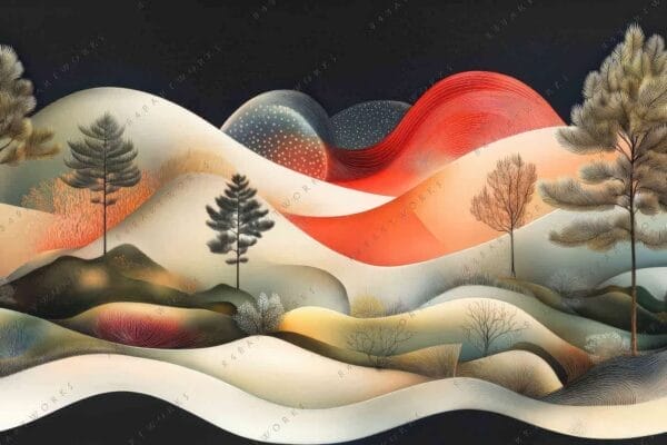 Abstract digital landscape with wavy hills, trees, and a vibrant red-orange sky.