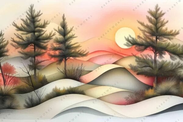 "Digital painting of pine trees on rolling hills with a sunset backdrop in warm tones."