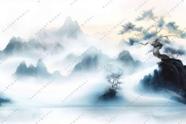 "Digital painting of misty mountains with lone trees, in blue and gray hues."