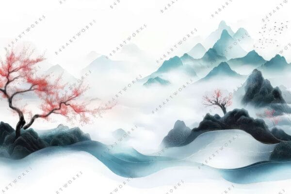 "Traditional painting of misty mountains with pink blossom trees and blue-gray tones."