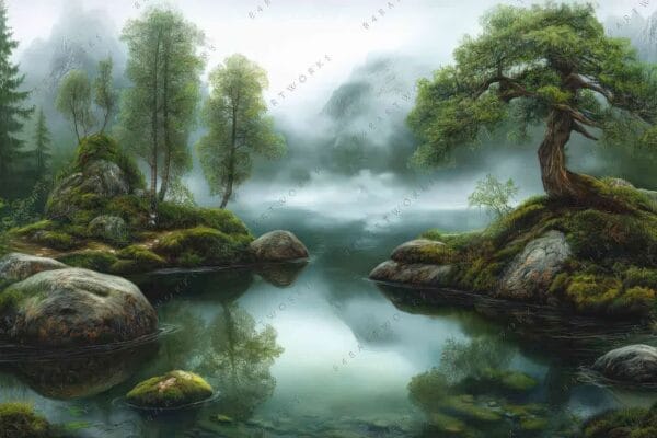 "Digital painting of a misty forest landscape with rocks, trees, and a serene pond."