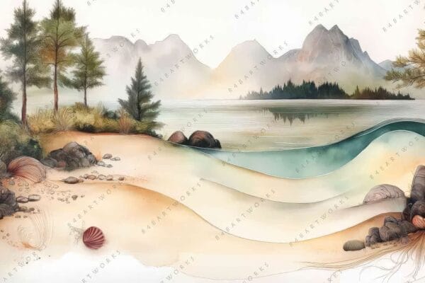 "Digital painting of a serene forested lakeside with mountains in soft earth tones."