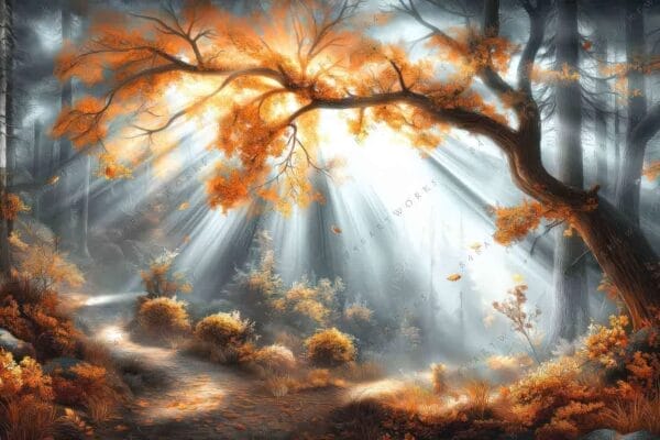 Fantasy digital painting of a sunlit forest with orange foliage and misty atmosphere.