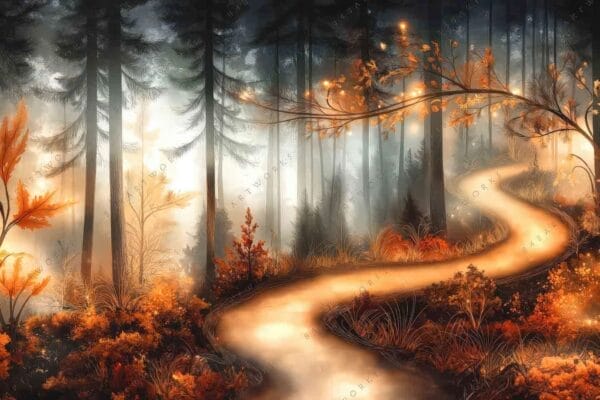 Misty forest digital painting with winding path and glowing orange foliage.