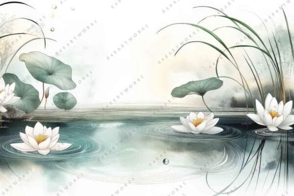 Digital painting of white lilies on a serene pond with minimalistic green foliage.
