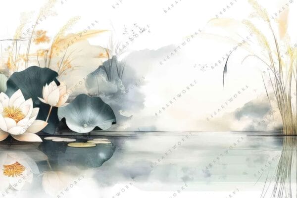 Digital illustration of lotus flowers on a calm pond with soft pastel colors.