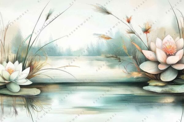 Digital painting of serene pond with water lilies and delicate grasses in soft hues.