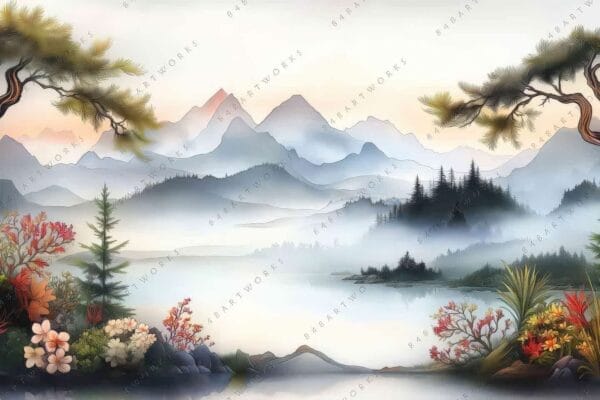 "Digital painting of misty mountains and colorful flora with two twisted trees in foreground."