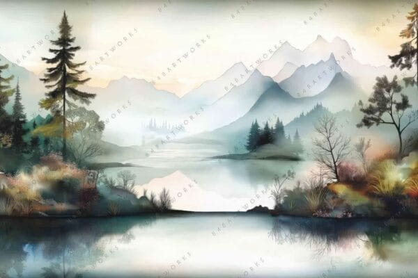 "Serene watercolor landscape with mountains, trees, and misty reflections on a tranquil lake."