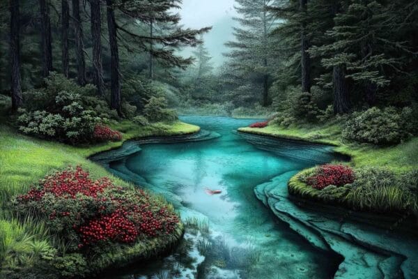 Digital painting of a serene forest river, turquoise water, lush greenery, and red flowers.