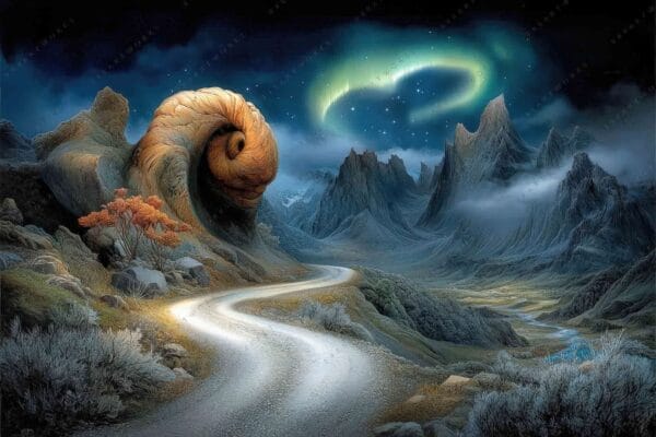 Futuristic digital art of spiraling mountains and aurora sky in blue and green tones.