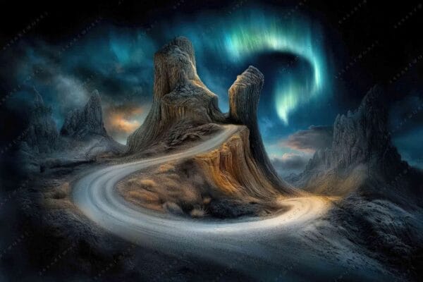 "Surreal digital painting of winding road through rocky mountains under northern lights."