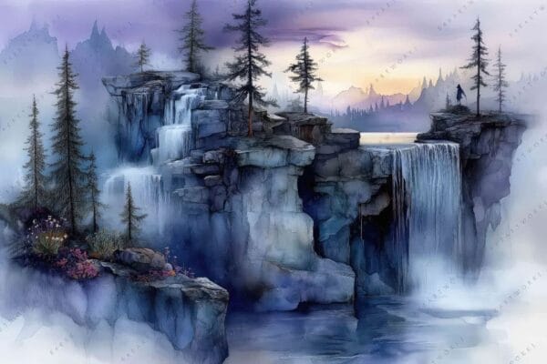 "Fantasy digital painting of cliffs with waterfalls and trees in misty blue and purple hues."