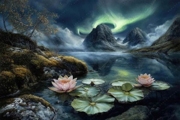 Digital painting of glowing aurora over mountains, reflecting on a lake with water lilies.