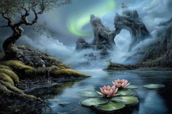 "Fantasy landscape digital art with glowing aurora, pink lilies, and rocky mountains."
