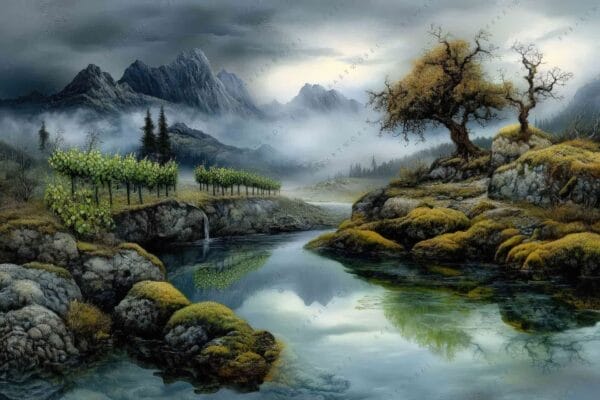 "Digital painting of a serene landscape with mountains, trees, and a reflective lake."
