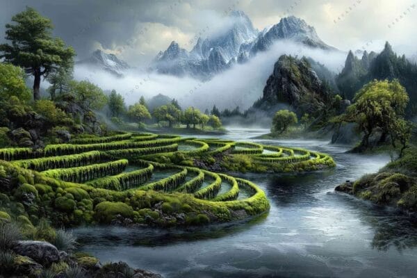 Digital painting of terraced fields by a serene river, with misty mountains in background.