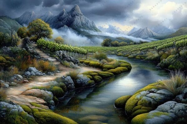 "Digital painting of a lush vineyard with mountains and a stream under cloudy skies."