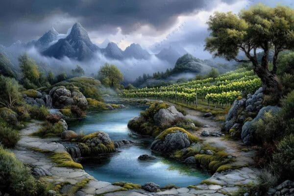 Scenic digital painting of misty mountains, vineyard, and stream in green and gray hues.