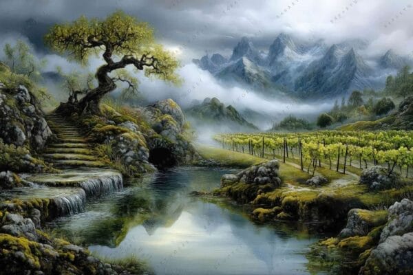 "Fantasy digital painting of scenic landscape with flowing stream, vineyard, and distant mountains."