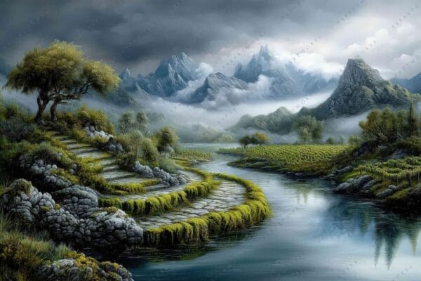 "Digital painting of a misty mountain landscape with river and lush greenery."