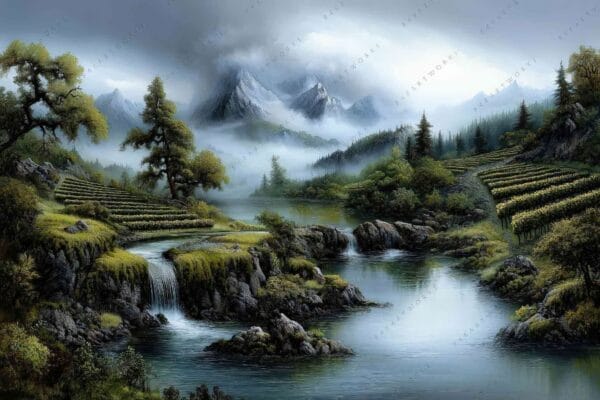 Digital painting of a serene mountain landscape with a river, vineyards, and mist.