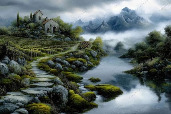 "Dramatic landscape painting with vineyard, stone house, river, and misty mountains in gray tones."