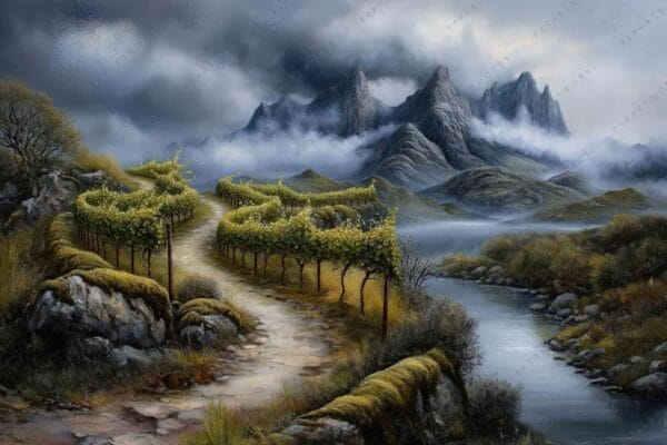 "Surreal digital painting of vineyard path leading to misty mountains under dark clouds."