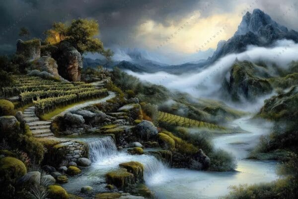 Fantasy digital painting of a misty mountain landscape with waterfalls and vineyards.