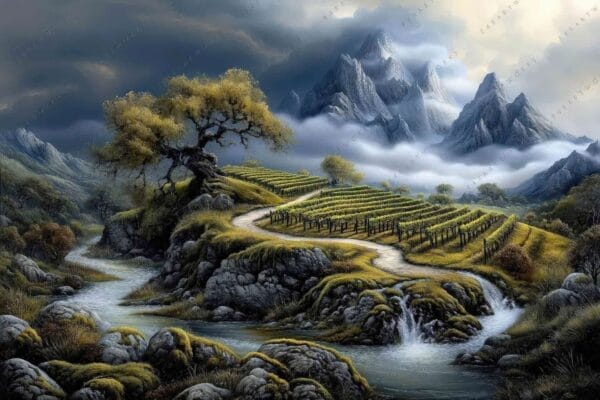"Digital painting of a picturesque vineyard with winding river and misty mountains."