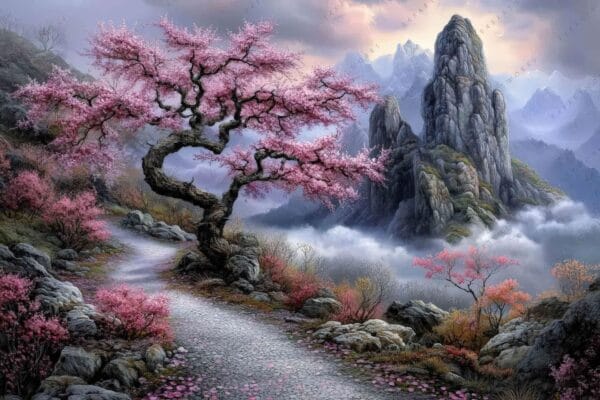 Digital painting of a cherry blossom tree on a misty mountain path.