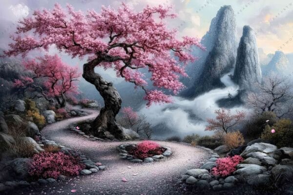 "Digital painting of winding path with pink blossom trees and misty mountains backdrop."