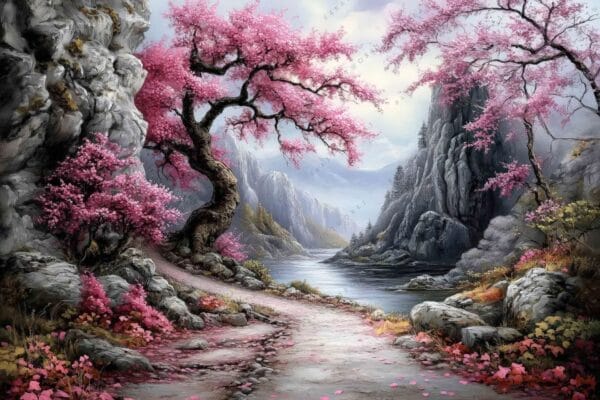 Painting of a serene landscape with pink cherry blossoms and distant mountains.