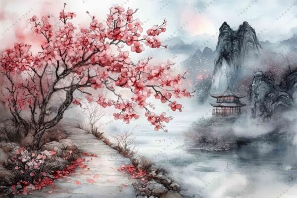 "Traditional painting of pink cherry blossoms and misty mountains with a pagoda."