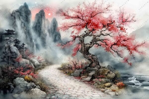 "Traditional painting of a cherry blossom tree by a mountain path in misty hues."