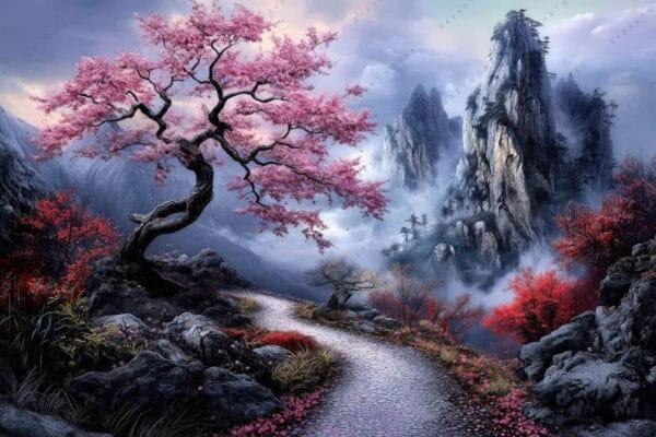 Digital painting of a winding path through a misty landscape with pink cherry blossoms.