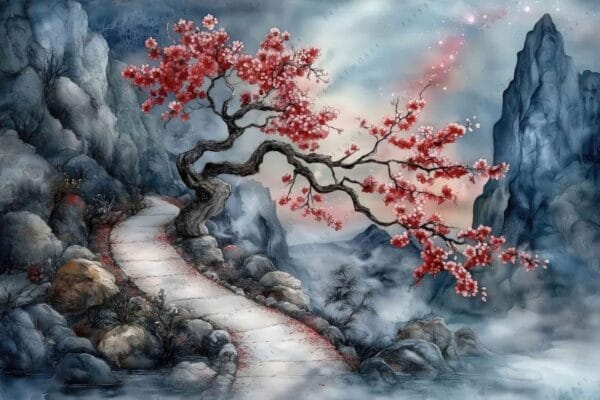 "Digital art of a winding path beside a cherry blossom tree in misty mountains."