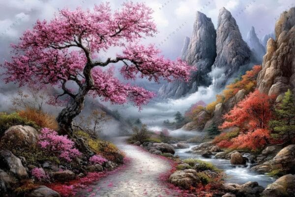 "Digital painting of cherry blossom tree on a misty mountainside with vibrant colors."