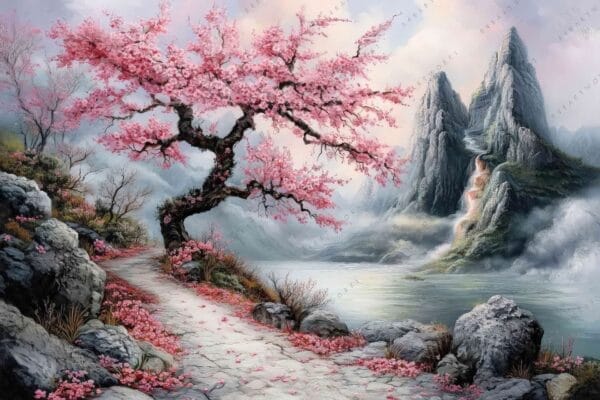 Digital painting of a cherry blossom tree by a lake, with mountains in background.