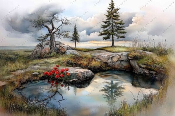 "Realistic landscape painting of a pond with trees, rocks, and red flowers."