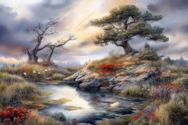 "Realistic digital painting of a serene landscape with trees, rocks, and a reflective pond."