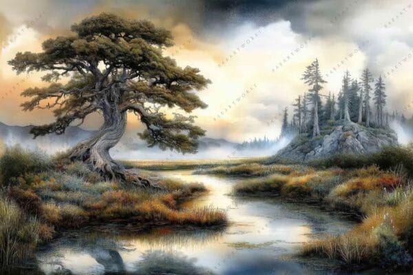 "Digital painting of a lone tree by a reflective pond under a cloudy sky."