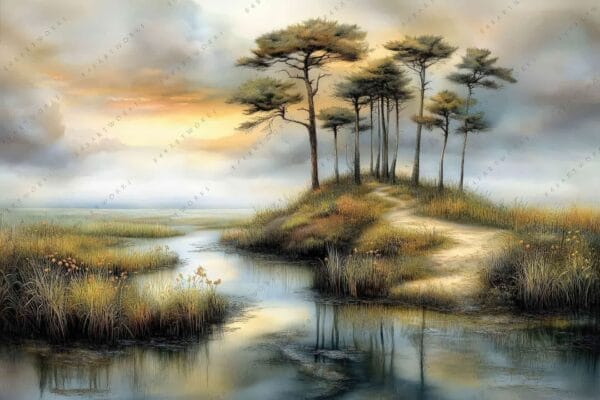 Digital painting of a serene lakeside landscape at sunset with tall trees and grasses.