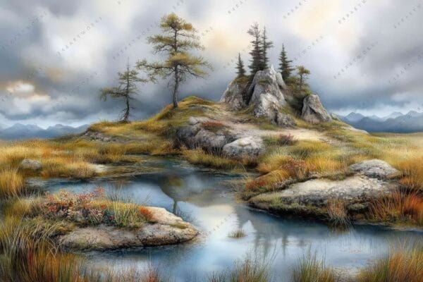 "Digital painting of a rocky landscape with trees and a reflective pond under cloudy skies."