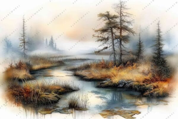"Digital painting of a misty marshland with autumnal foliage and still water."