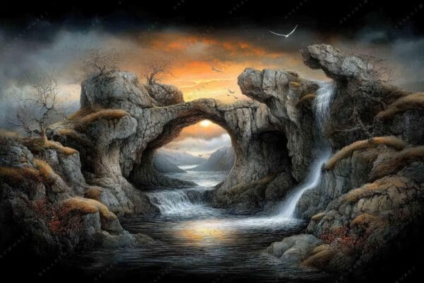 "Dramatic digital painting of rocky archway with waterfall and sunset sky."