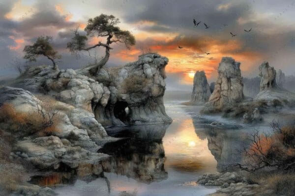 "Surreal digital painting of rocky landscape at sunset with reflections in calm water."