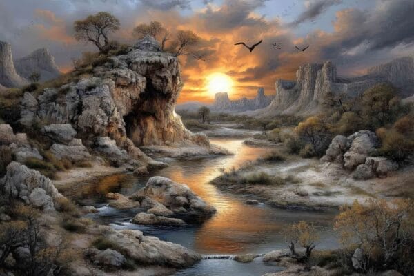 "Digital painting of a desert canyon at sunset with a river and flying birds."
