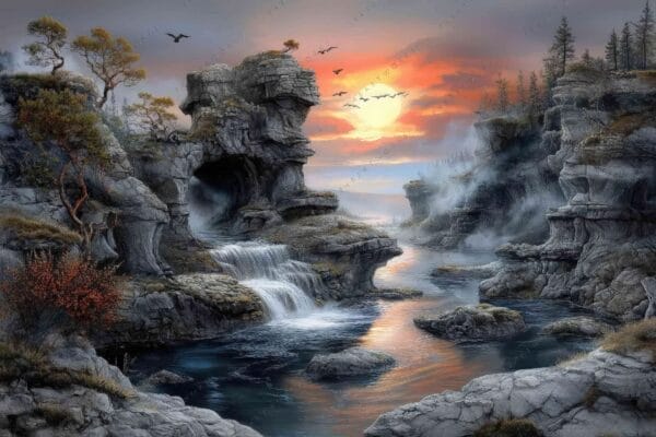 Digital painting of rocky canyon with waterfall and sunset, featuring birds and mist.